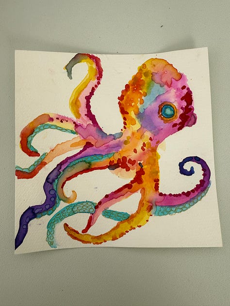 Megan Falley watercolor paintings of flowers, an octopus, a night sky, a jellyfish, her and Andrea walking through the forest, and berries on a branch