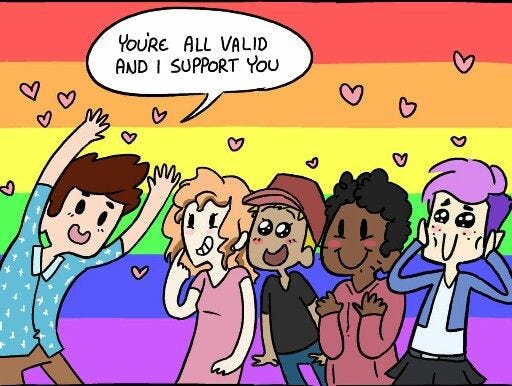 This may contain: a group of people standing next to each other in front of a rainbow colored background