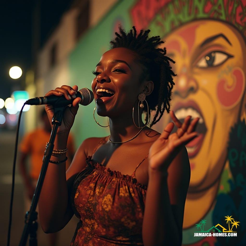  A vibrant, modern Jamaican woman performing music with expressive gestures and a microphone, set against colorful murals in a lively urban Kingston street scene. The mood is celebratory, bathed in cinematic colors and dynamic, atmospheric lighting, evoking the spirit of Miss Lou. Captured as a cinematic film still, shot on v-raptor XL with 35mm film grain, a subtle vignette, and professional color grading for a post-processed, live-action masterpiece.