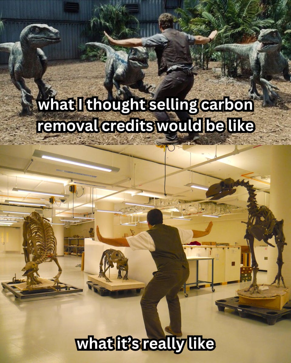 Two-panel meme. Top: Owen from Jurassic World holding back three raptors, labelled "what I thought selling carbon removal credits would be like." Bottom: a man doing the same pose to dinosaur skeletons in an empty museum lab, labelled "what it's really like."