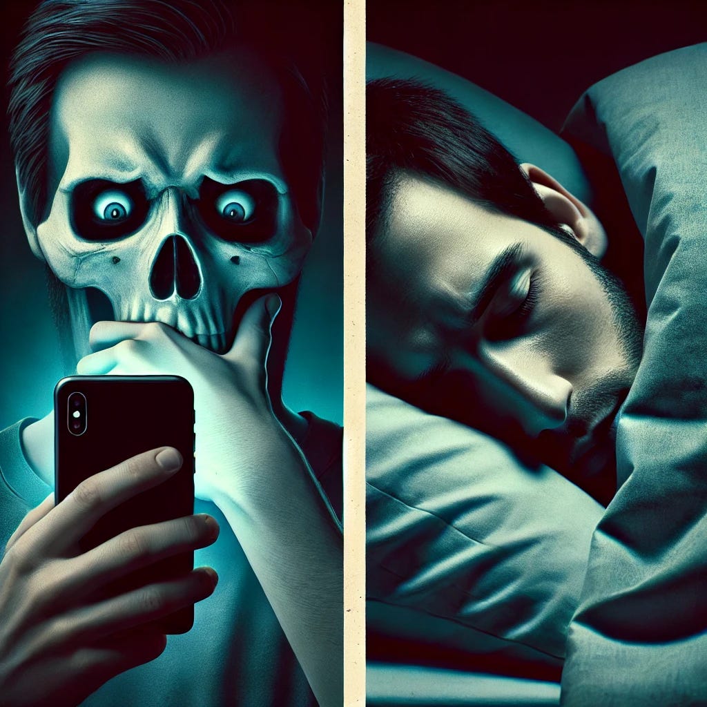 Split screen layout. On the left side, show a person lying in bed with a worried expression, doomscrolling on their phone. On the right side, show the same person peacefully asleep. Style: subtle horror movie poster aesthetic, with moody lighting and shadow contrasts that create a slight eerie, dreamlike effect.
