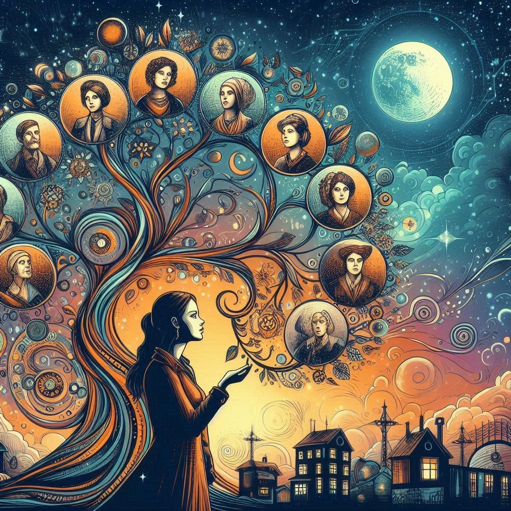 20-year old woman with a family tree branching out five ways to men and women, solarpunk drawing