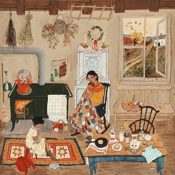 This may contain: a painting of a woman sitting at a table in front of a stove top oven
