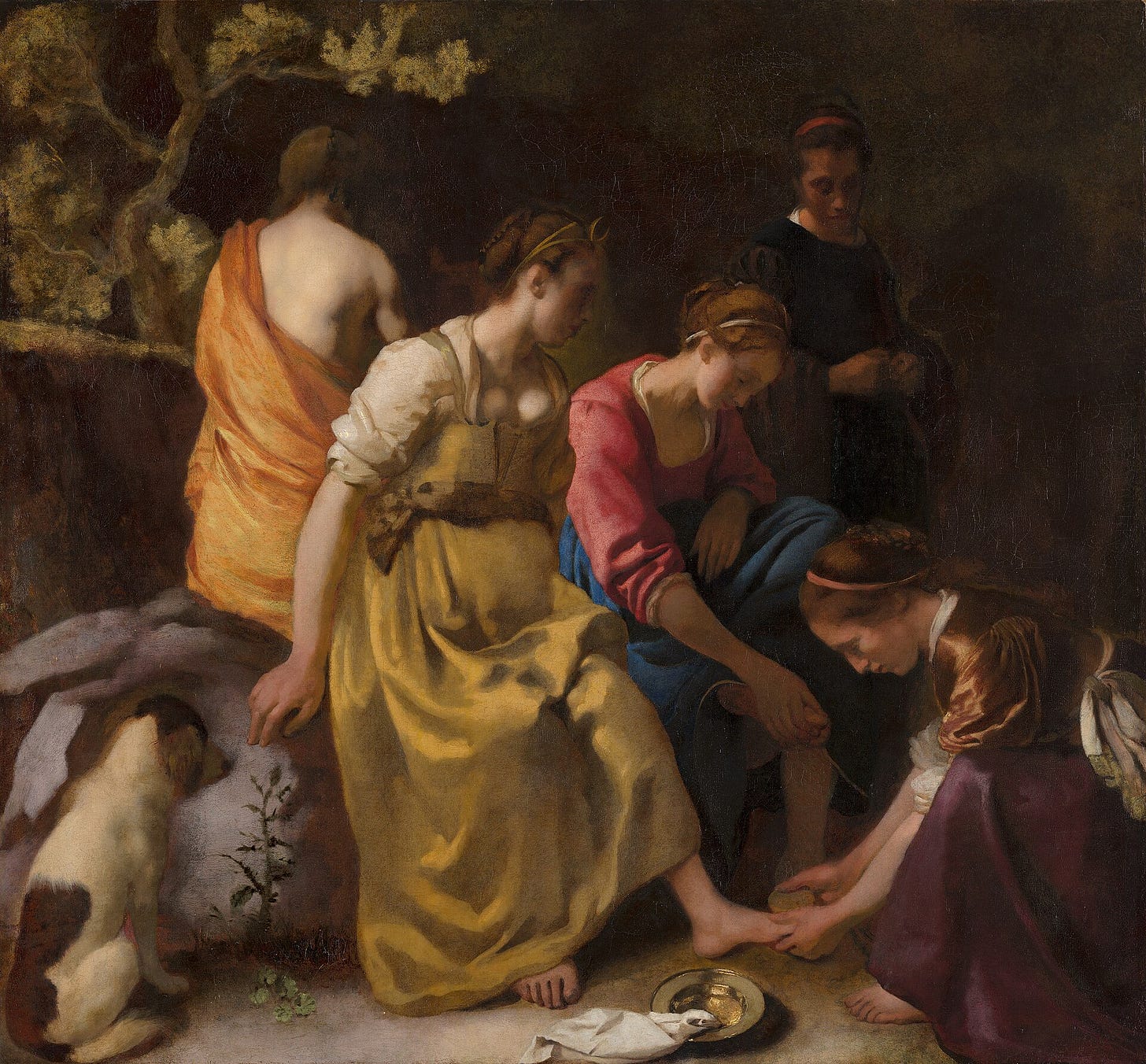 Diana and her nymphs resting, one of them washing the goddess's foot