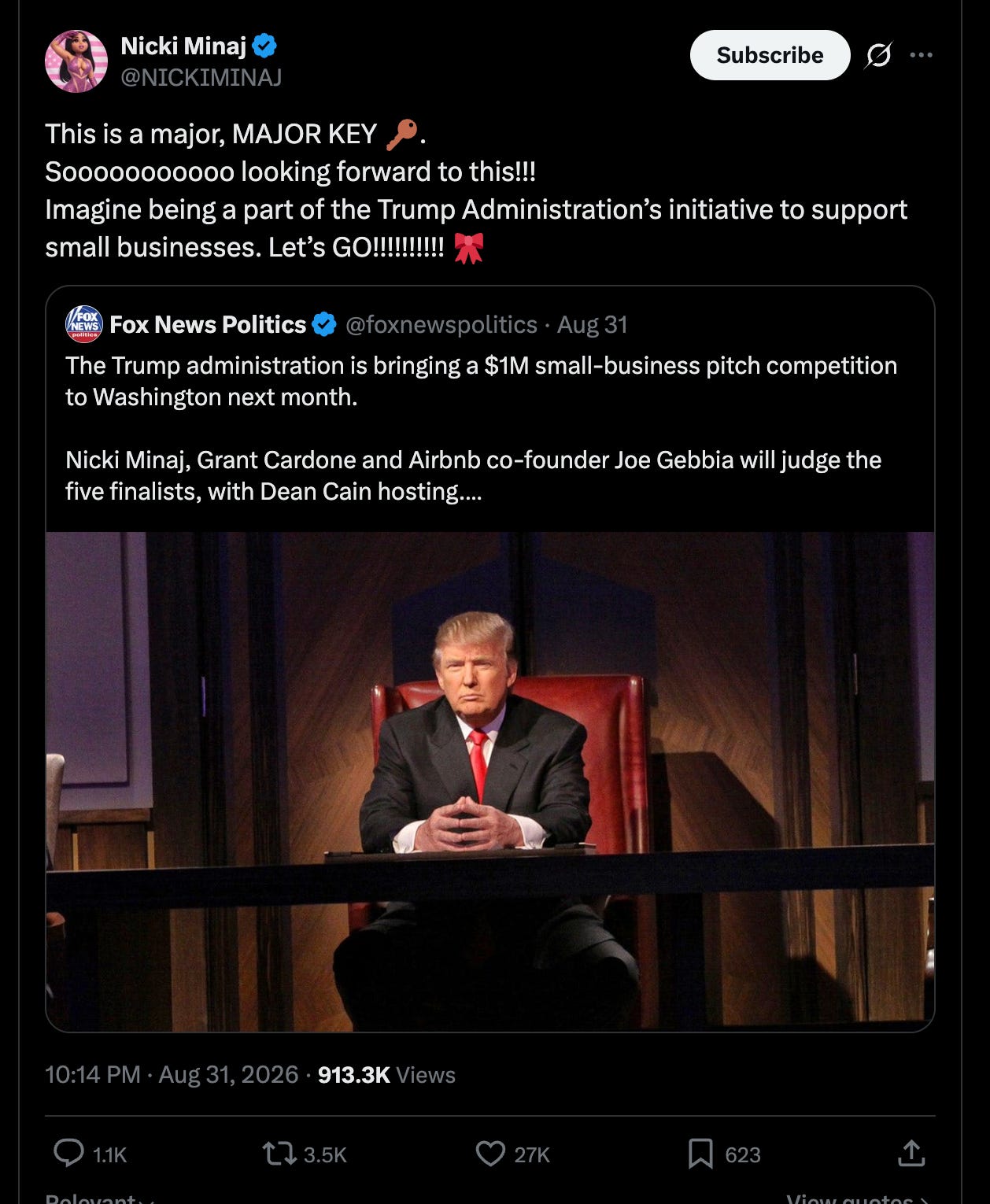 Minaj: This is a major, MAJOR KEY 🔑. Sooooooooooo looking forward to this!!! Imagine being a part of the Trump Administration’s initiative to support small businesses. Let’s GO!!!!!!!!!! 🎀 Minaj: This is a major, MAJOR KEY 🔑. Sooooooooooo looking forward to this!!! Imagine being a part of the Trump Administration’s initiative to support small businesses. Let’s GO!!!!!!!!!! 🎀