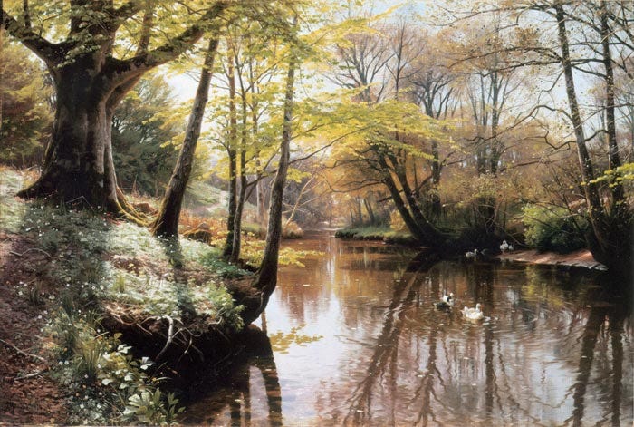 Peder Mork Monsted Reproductions-Flodlandskab [A River Landscape in Springtime], 1914