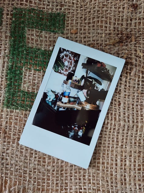Instant photographs of coffee mugs or coffee drinking selfies by a bearded gentleman with a bald head.