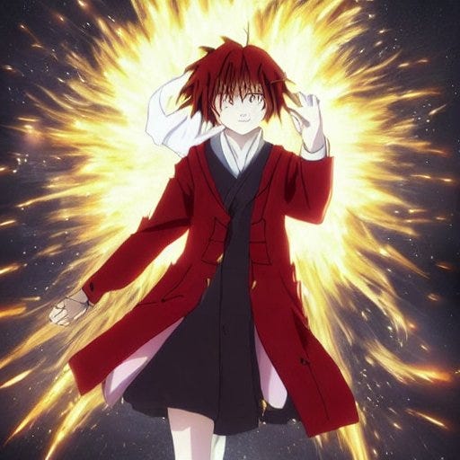 A series of images where Hatori Chise is displayed in confident fighting poses with red spiky hair