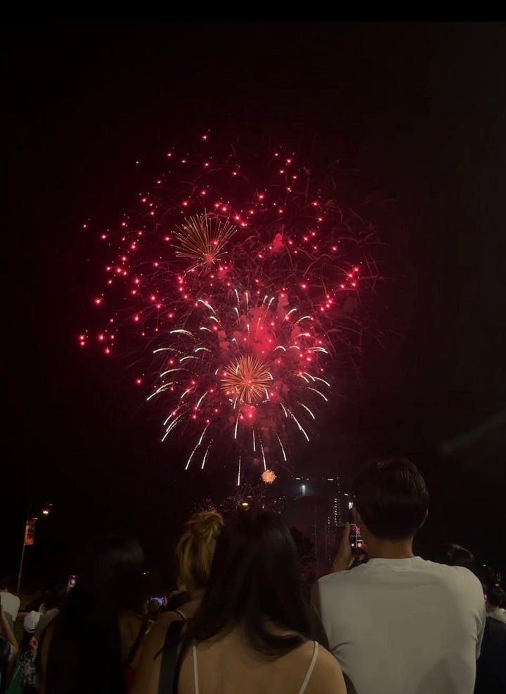 Red and green fireworks light up the night sky