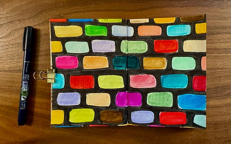 Three sketchbook drawings showing line art with vibrant colors