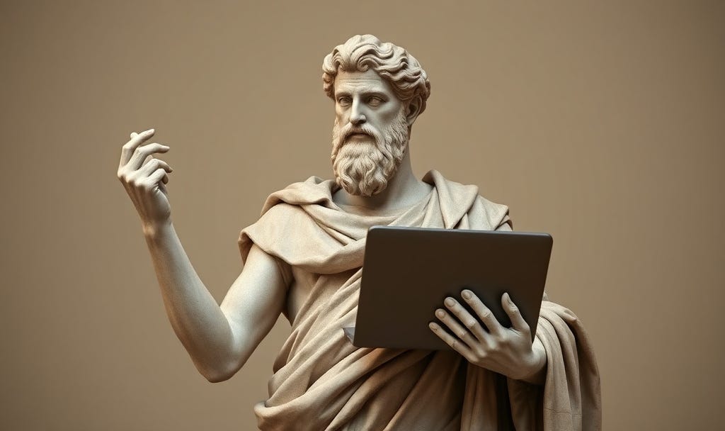 Marcus Aurelius holding a laptop
