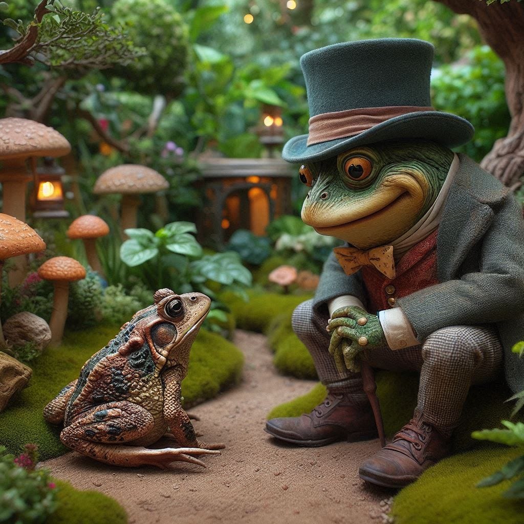 mr. toad meeting a real toad in an imaginary garden