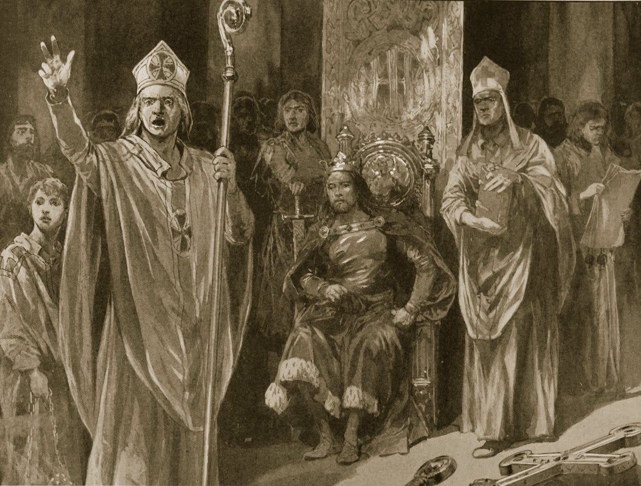 Die Ansprache von Hubert Walter, Erzbischof von Canterbury, bei der Krönung  von Johann am Himmelfahrtstag, 27. Mai 1199, aus „The Illustrated London  News“, 1902