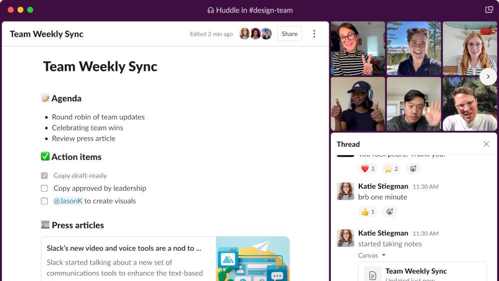 A Slack Huddle using the Canvas feature A Slack Huddle using the Canvas feature