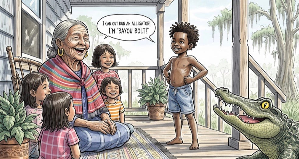 Image of Chitimaca grandmother and children on porch while a young boy brags about how he can out run a gator.