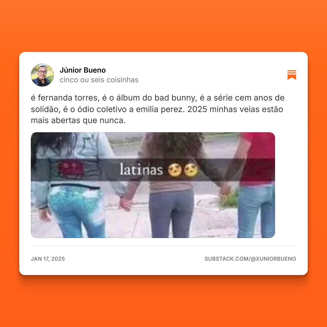é fernanda torres, é o álbum do bad bunny, é a série cem anos de solidão, é o ódio coletivo a emilia perez. 2025 minhas veias estão mais abertas que nunca.