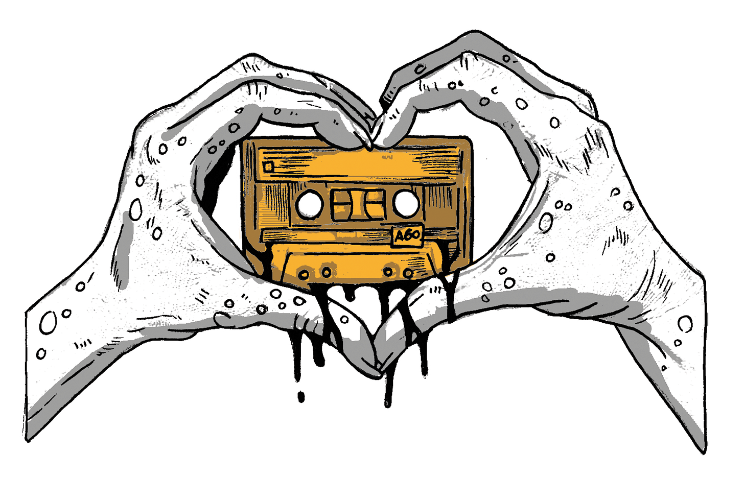 A drawing of two ghostly hands holding a music cassette to form a heart while dripping blood.