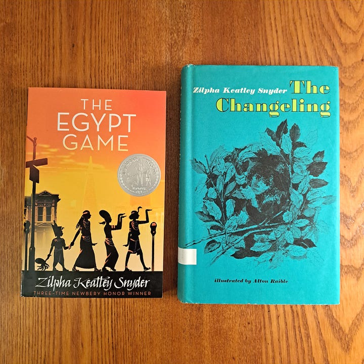 image of The Egpyt Game in paperback and an old hardcover copy of ZKS's The Changelin, on wood, also an illustration of children dressing up as mythological characters in The Egypt Game