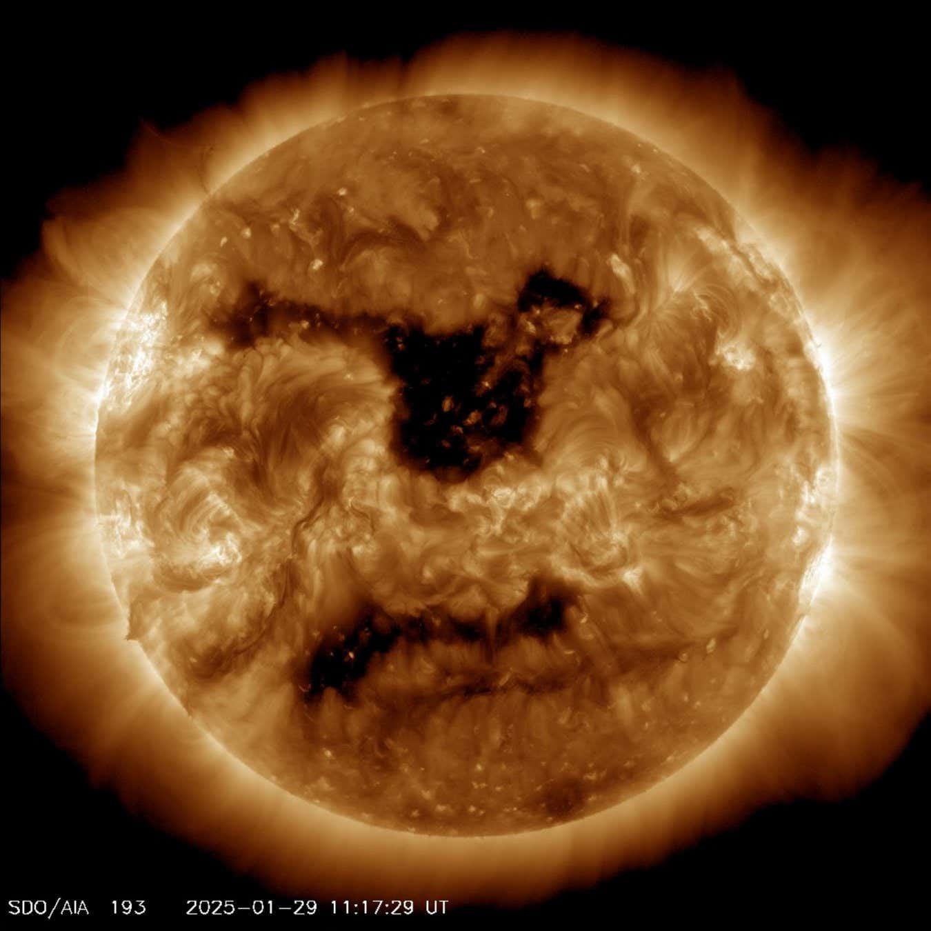 The Sun viewed on 29 January 2025 in the extreme ultraviolet range by NASA's Solar Dynamics Observatory (SDO) spacecraft. A vast 500,000 mile-wide coronal hole has opened in the sun's atmosphere. The area measures over 62 times the diameter of Earth and is now shooting high-speed solar wind toward Earth. When such solar activity is directed at Earth, the resulting geomagnetic storms can potentially disrupt satellite operations, power grids, navigation systems, and radio communications. There may also be spectacular displays of aurora caused as the Earth's magnetosphere is disturbed by the solar wind. According to spaceweather.com, this wind is estimated to hit Earth by Friday (31 Jan), resulting in G1 geomagnetic storm conditions. The Sun viewed on 29 January 2025 in the extreme ultraviolet range by NASA's Solar Dynamics Observatory (SDO) spacecraft. A vast 500,000 mile-wide coronal hole has opened in the sun's atmosphere. The area measures over 62 times the diameter of Earth and is now shooting high-speed solar wind toward Earth. When such solar activity is directed at Earth, the resulting geomagnetic storms can potentially disrupt satellite operations, power grids, navigation systems, and radio communications. There may also be spectacular displays of aurora caused as the Earth's magnetosphere is disturbed by the solar wind. According to spaceweather.com, this wind is estimated to hit Earth by Friday (31 Jan), resulting in G1 geomagnetic storm conditions.