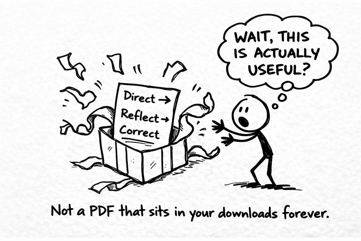 Hand-drawn illustration of a surprised stick figure unwrapping a gift box with wrapping paper flying everywhere. Inside the box is a document showing 'Direct → Reflect → Correct' (the Ink Sync calibration method). Thought bubble reads 'Wait, this is actually useful?' Caption below: 'Not a PDF that sits in your downloads forever.' Black Sharpie sketch style depicting the free Ink Sync Workshop as a genuinely valuable gift.