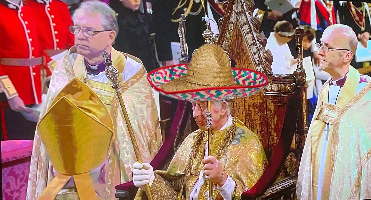 Photoshopped image of King Charles III sitting on the throne holding a rod and sceptre and wearing a giant sombrero Photoshopped image of King Charles III sitting on the throne holding a rod and sceptre and wearing a giant sombrero
