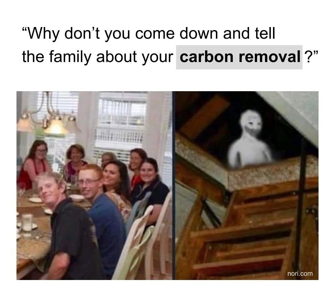 Text: "'Why don't you come down and tell the family about your carbon removal?'" Left: a family smiling round a dinner table. Right: a pale ghostly figure peering from a dark attic.