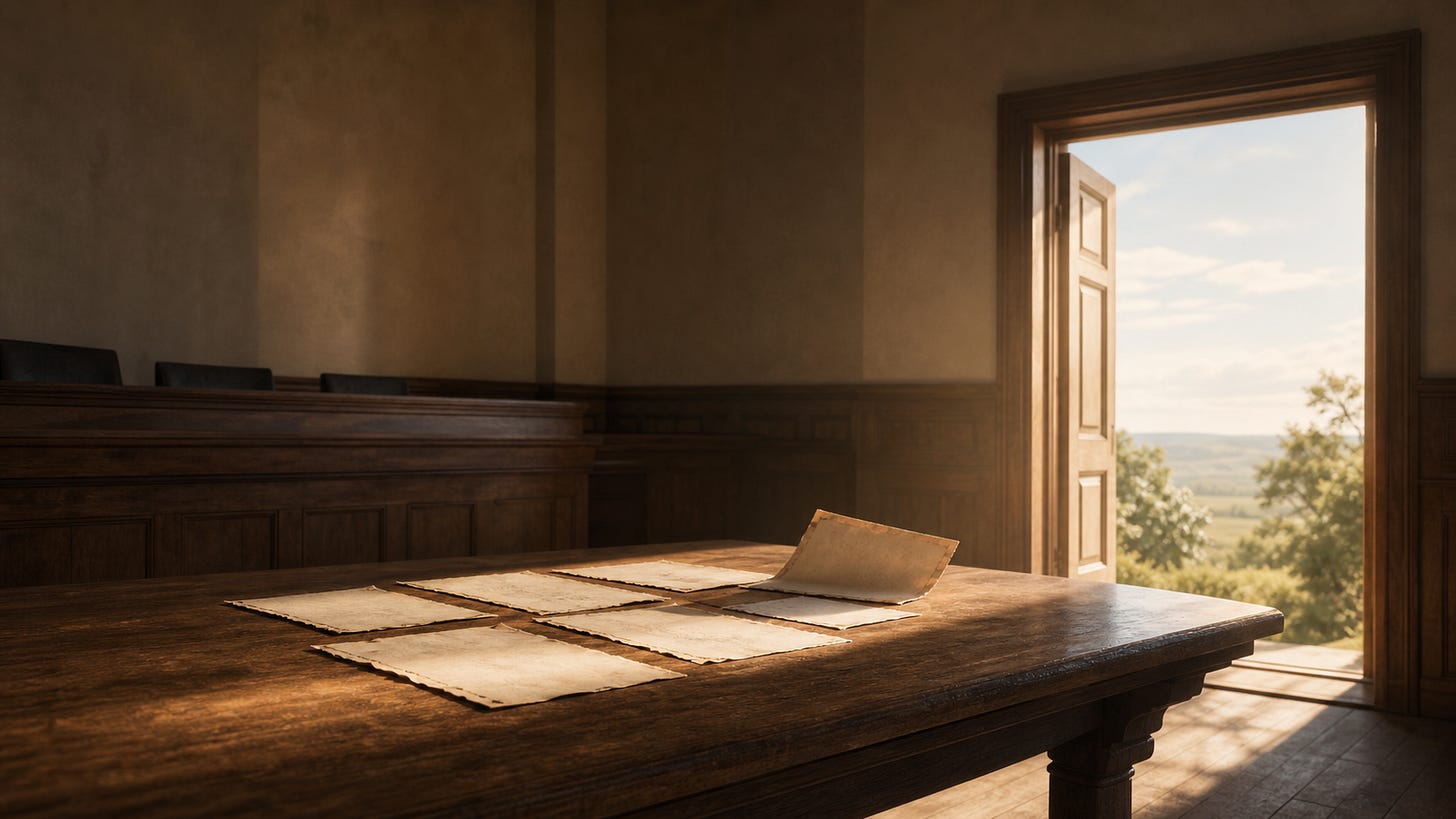 Who Signed for This body image: old agreement pages on a wooden table in daylight, with an open doorway suggesting freedom.