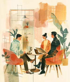 vintage watercolor illustration of people viewing a curated lifestyle image on a tablet with a faint structured reflection beneath the screen vintage watercolor illustration of people viewing a curated lifestyle image on a tablet with a faint structured reflection beneath the screen