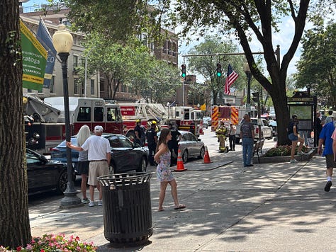 Pictures of fire trucks, firefighters and police offiers.