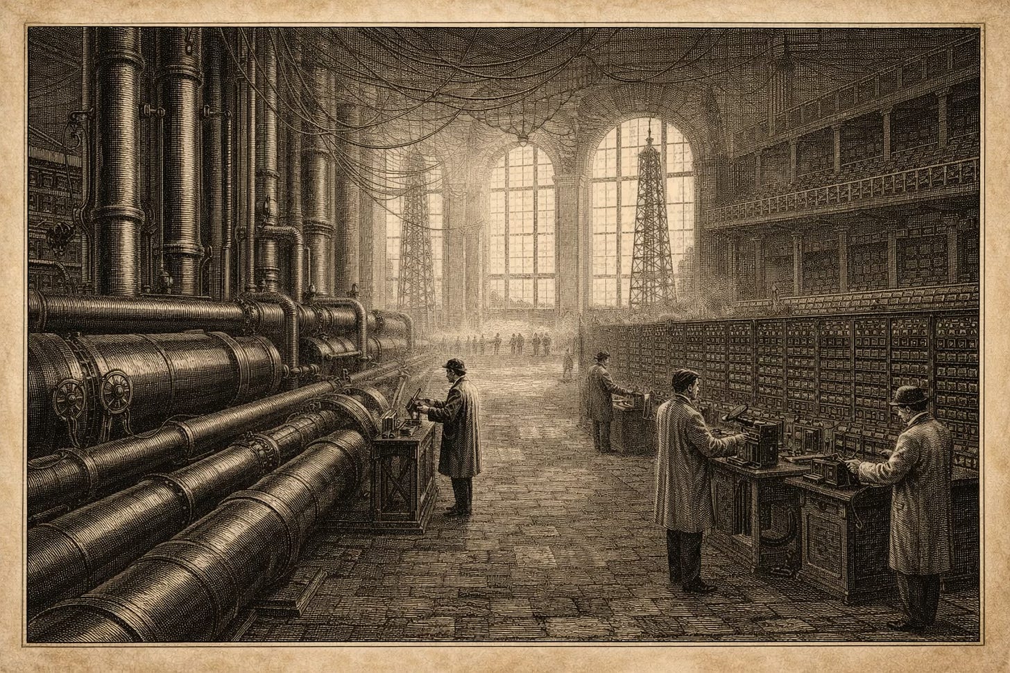Victorian engraving illustration of a vast empty industrial transmission hall with enormous pipes and abandoned switchboards while a crowd of figures walks away in the distance, representing iHeart's leveraged buyout failure and the lesson that owning distribution infrastructure without a retained audience relationship destroys value.