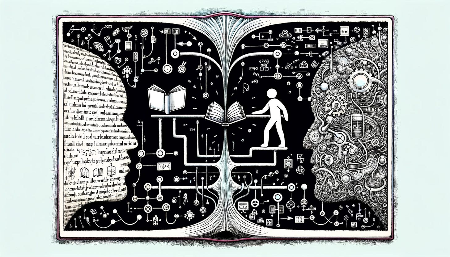image of a book laid open with one face made out of words on the left and one face made out of symbolic structures on the right, with the image of a person walking between them