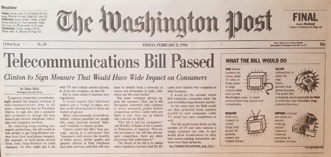 The 25th Anniversary of the Telecommunications Act of 1996 | by Colin  Crowell | Medium