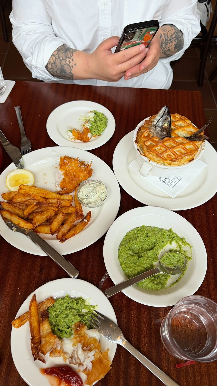 Stargazy pie, fish & chips, mushy peas, and brandy snaps at Dean's.