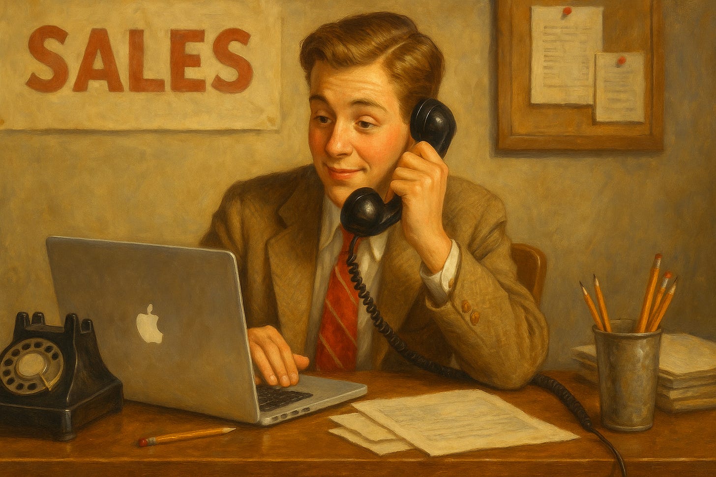 A nostalgic Norman Rockwell-style oil painting of a young salesman sitting at a wooden desk, talking on a smartphone while looking at a MacBook, with a correctly oriented rotary phone nearby — blending mid-century warmth and modern technology.