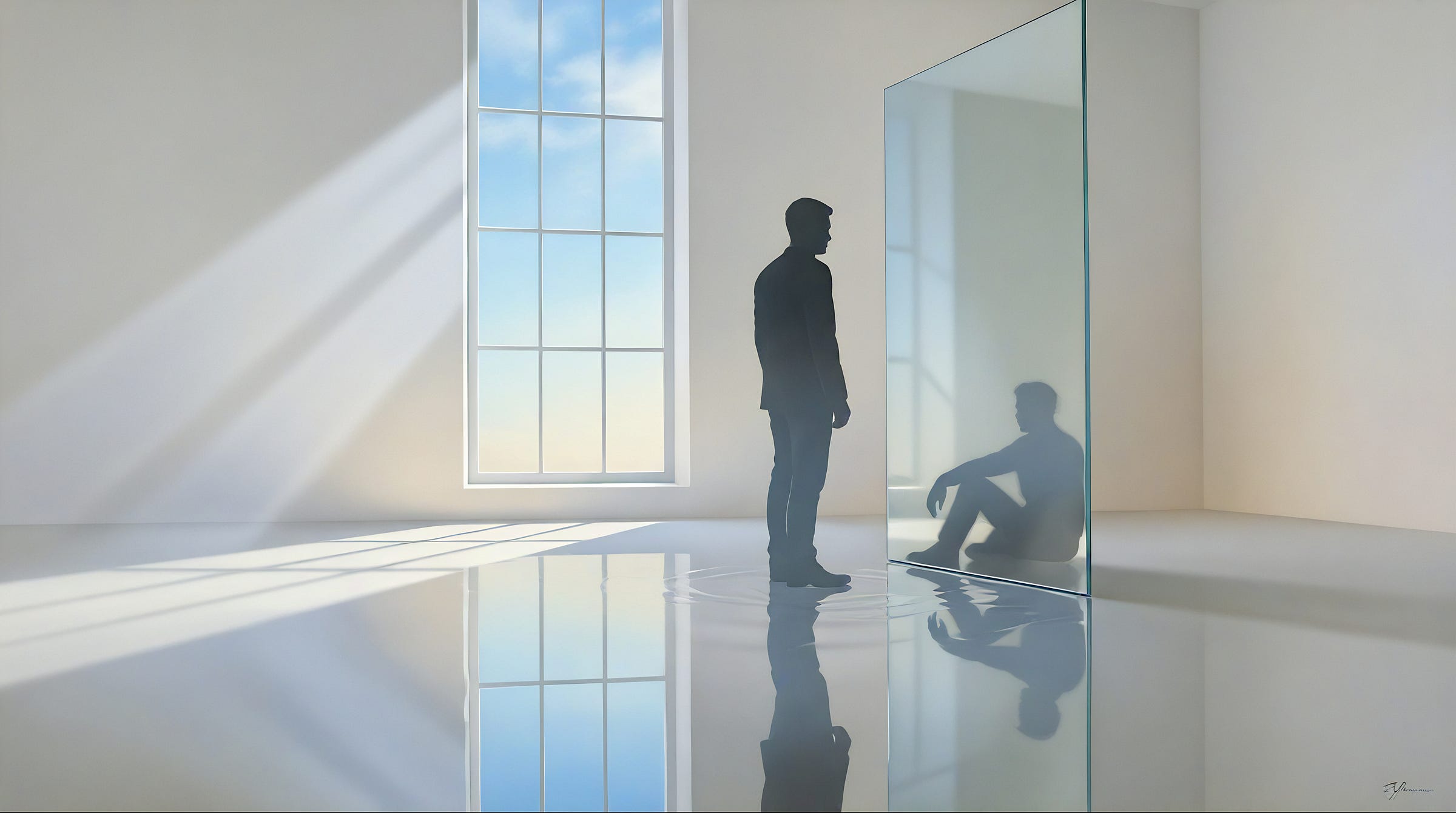 A dark silhouette of a man stands upright in a shaft of pale morning light, facing a tall glass pane. In the pane his reflection sits low on the floor instead of standing, spine straight and composed. The whole floor is a skin of still water holding the bright sky. Soft, pale, oil-painted.
