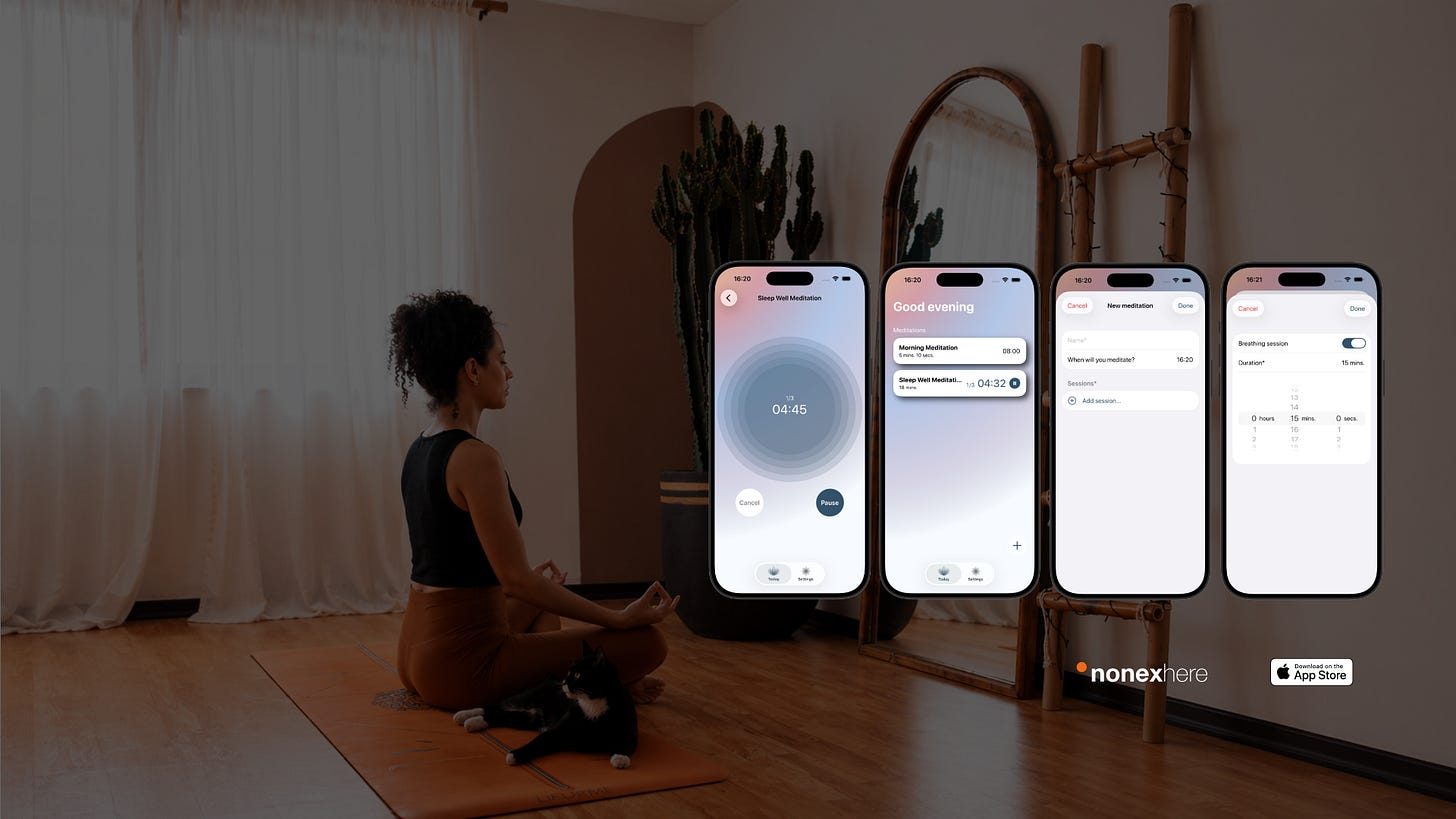 ImagineHere meditation timer app interface showing session setup, active meditation screen, and soft ending transition with minimal design and distraction-free experience.