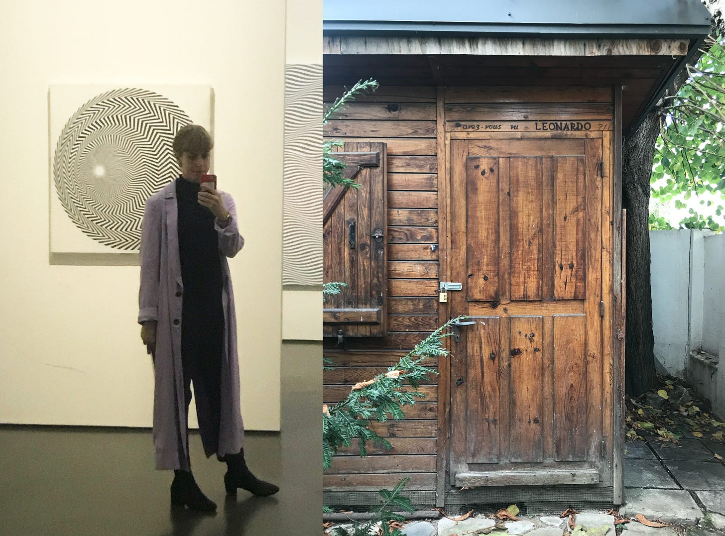 Left: A mirror selfie of Zsofi, a thirtysomething white woman with bangs, wearing a lavender duster coat with all black underneath; behind her is a black and white Vasarely painting of geometric shapes. Right: A rustic wooden shed framed by evergreen branches. The door says LEONARDO.