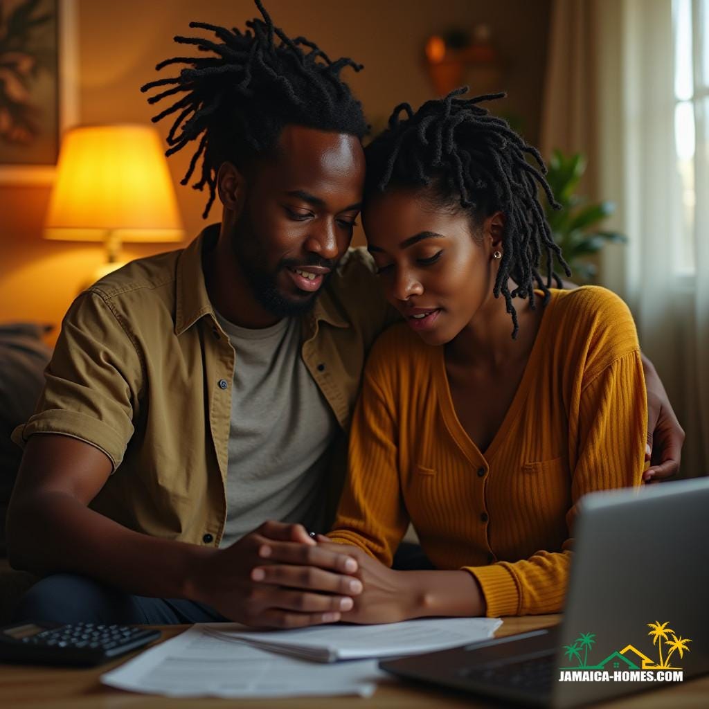 Mixed-raced young Jamaican couple with light skin and dreadlocks, embracing each other in a cozy, modern living room, surrounded by real estate documents, laptops, and calculators, researching and planning their first property investment in Jamaica. The atmosphere is warm and intimate, with soft, cinematic lighting casting a golden glow on their faces. The camera, a v-raptor XL, captures the moment in stunning 35mm film quality, with a subtle film grain and vignette, adding a touch of nostalgia and realism. The color grading is vibrant, yet natural, emphasizing the earthy tones of the Jamaican setting. The overall mood is one of hope, love, and determination, as the couple embarks on this exciting new chapter in their lives. Inspired by the cinematic styles of Ryan Coogler, Ava DuVernay, and Barry Jenkins, with a hint of Jamaican culture and Afro-Caribbean flair.