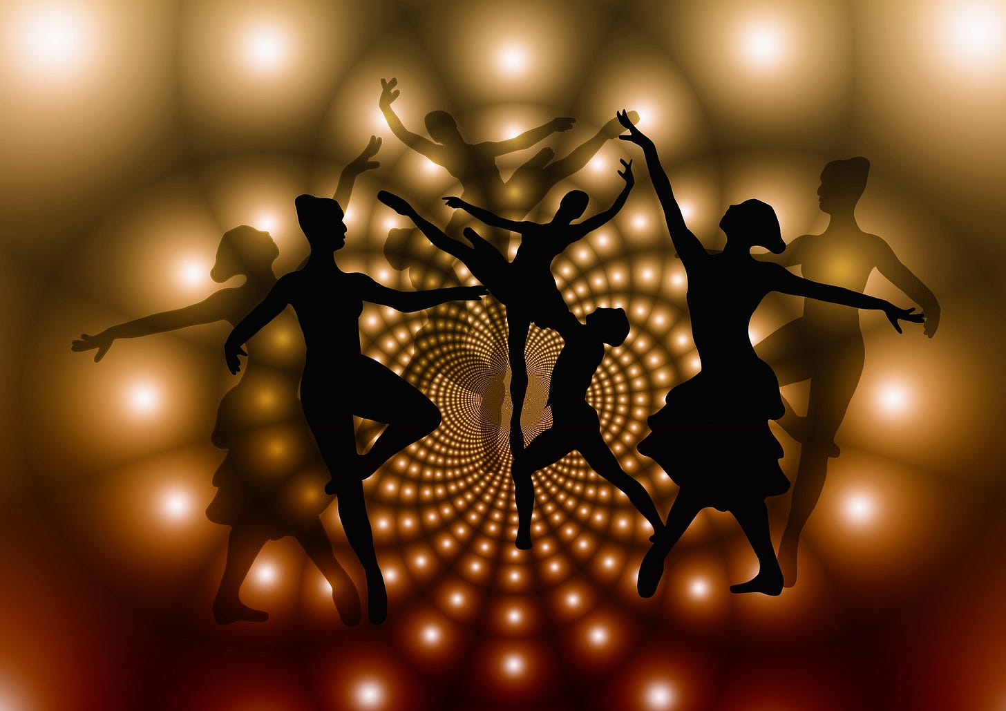 Silhouette figures dancing, golden light behind