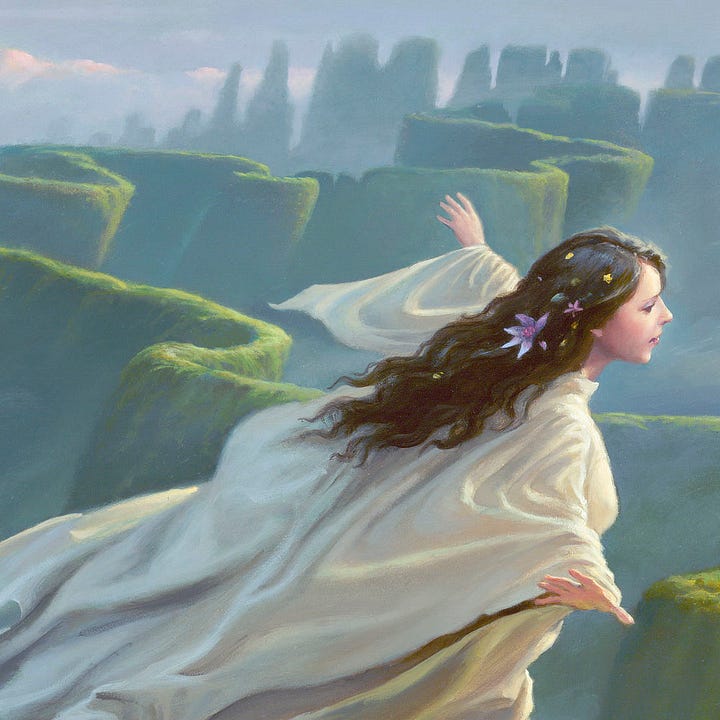 LEFT: Figure detail from RIMRUNNER featuring a young woman dancing atop a high narrow path. Her arms are out for balance, her front knee is bent, while her back leg is lifted trailing with white fabric draping behind her. RIGHT: Close detail from RIMRUNNER featuring a raven haired young woman with arms spread and white shawl flowing with her motion. Her long hairs decorated with flowers. The background is a maze of winding ridges.
