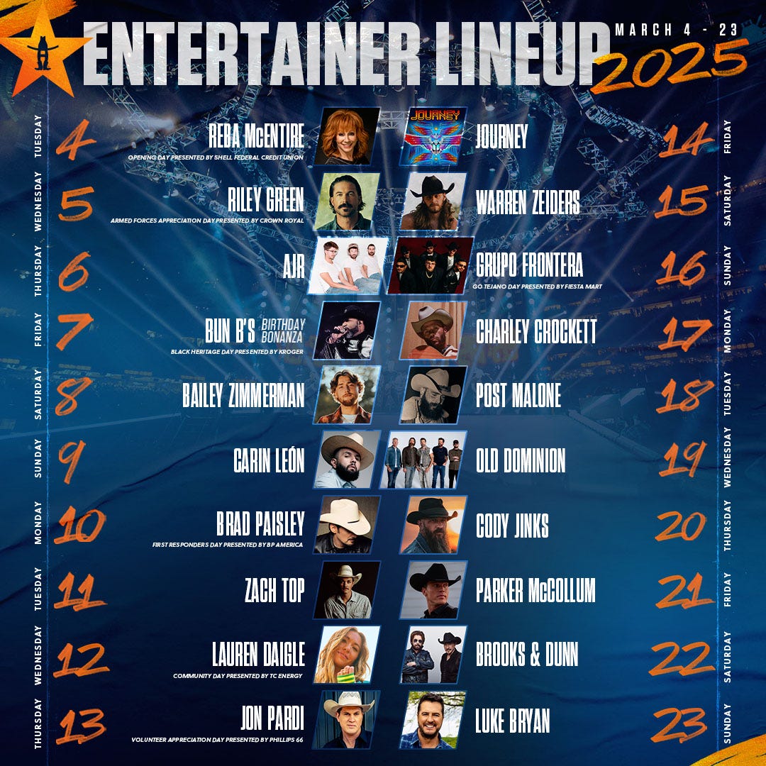 Event lineup for March 4-23, 2025, featuring artists like Reba McEntire, Journey, and Luke Bryan.