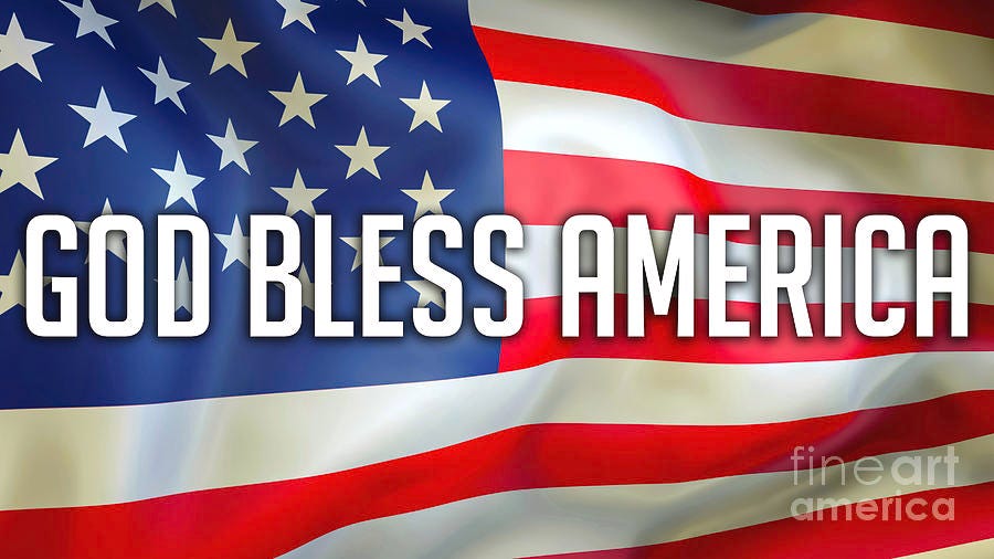 God Bless America on a USA flag background. United States of America flag waving in the wind ...