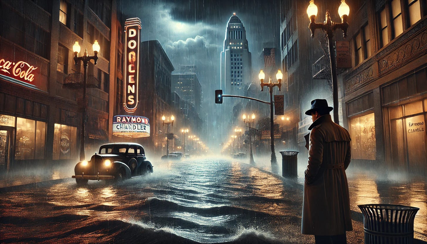 A moody, noir-style depiction of downtown Los Angeles during a torrential rainstorm, inspired by Raymond Chandler's atmospheric writing. The scene captures rain-soaked streets glistening under dim streetlights, with water rushing toward storm drains. The cityscape features towering Art Deco buildings, neon signs flickering through the rain, and dark clouds looming overhead. A trench-coated detective with a fedora stands in the foreground, looking toward the flooding streets as water flows relentlessly toward the Pacific Ocean. The overall mood is gritty, reflective, and cinematic, highlighting the contrast between the abundance of rain and the city's inability to retain it.