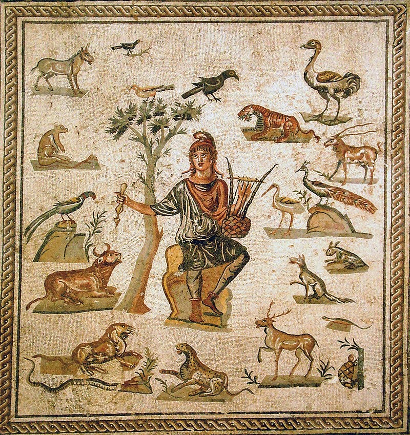 A Roman-era mosaic depicting the figure of Orpheus with a tortoise-shell lyre, surrounded by domestic and wild beasts. A Roman-era mosaic depicting the figure of Orpheus with a tortoise-shell lyre, surrounded by domestic and wild beasts.