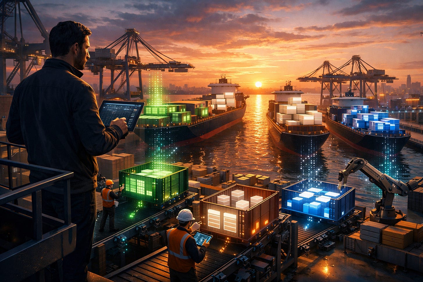 Busy shipping port at sunset with workers using tablets to manage glowing digital cargo data. Busy shipping port at sunset with workers using tablets to manage glowing digital cargo data.