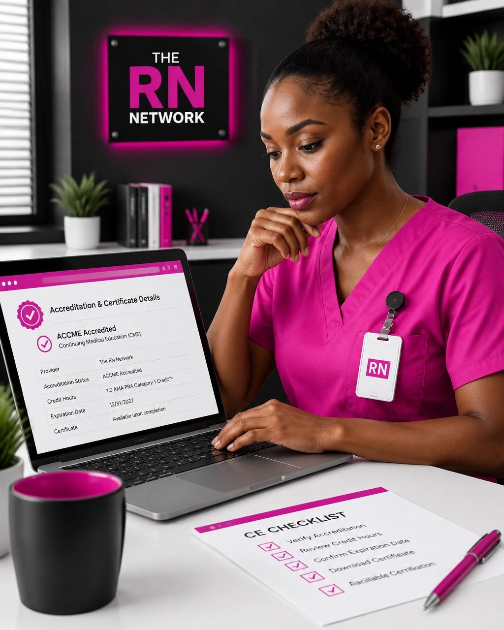 Registered nurse in pink scrubs checking course accreditation and certificate details on a laptop in a black and white workspace Registered nurse in pink scrubs checking course accreditation and certificate details on a laptop in a black and white workspace