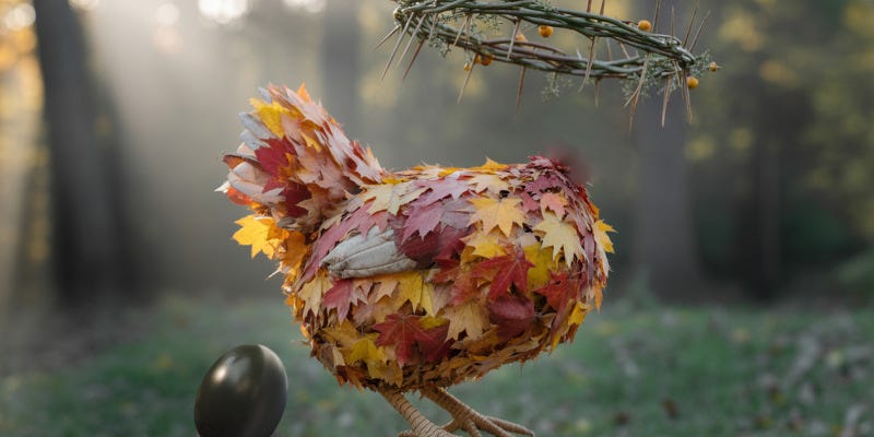A headless chicken made of leaves, laying a black egg, a crown of thorns hovers over