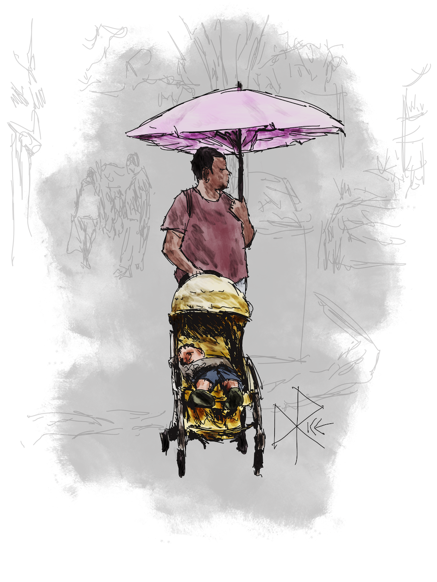 An attentive woman scans her surroundings as she crosses the street, her left hand holding a sun blocking umbrella and her right hand on the handle bar of a baby stroller, with a sleeping child in the stroller. Sketch art by Don Rice. An attentive woman scans her surroundings as she crosses the street, her left hand holding a sun blocking umbrella and her right hand on the handle bar of a baby stroller, with a sleeping child in the stroller. Sketch art by Don Rice.