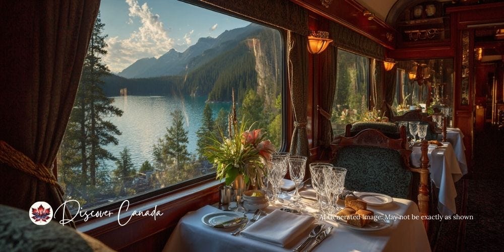 Heritage dining car with crystal glasses and sunset view of Lake Louise.