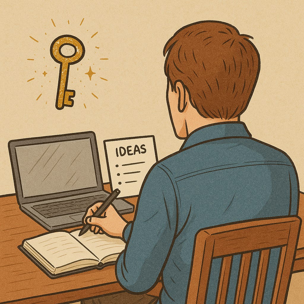 Illustrated person seen from behind, sitting at a desk with a laptop and notebook, holding a pen and a paper labeled “IDEAS” while looking at a floating golden key. Illustrated person seen from behind, sitting at a desk with a laptop and notebook, holding a pen and a paper labeled “IDEAS” while looking at a floating golden key.